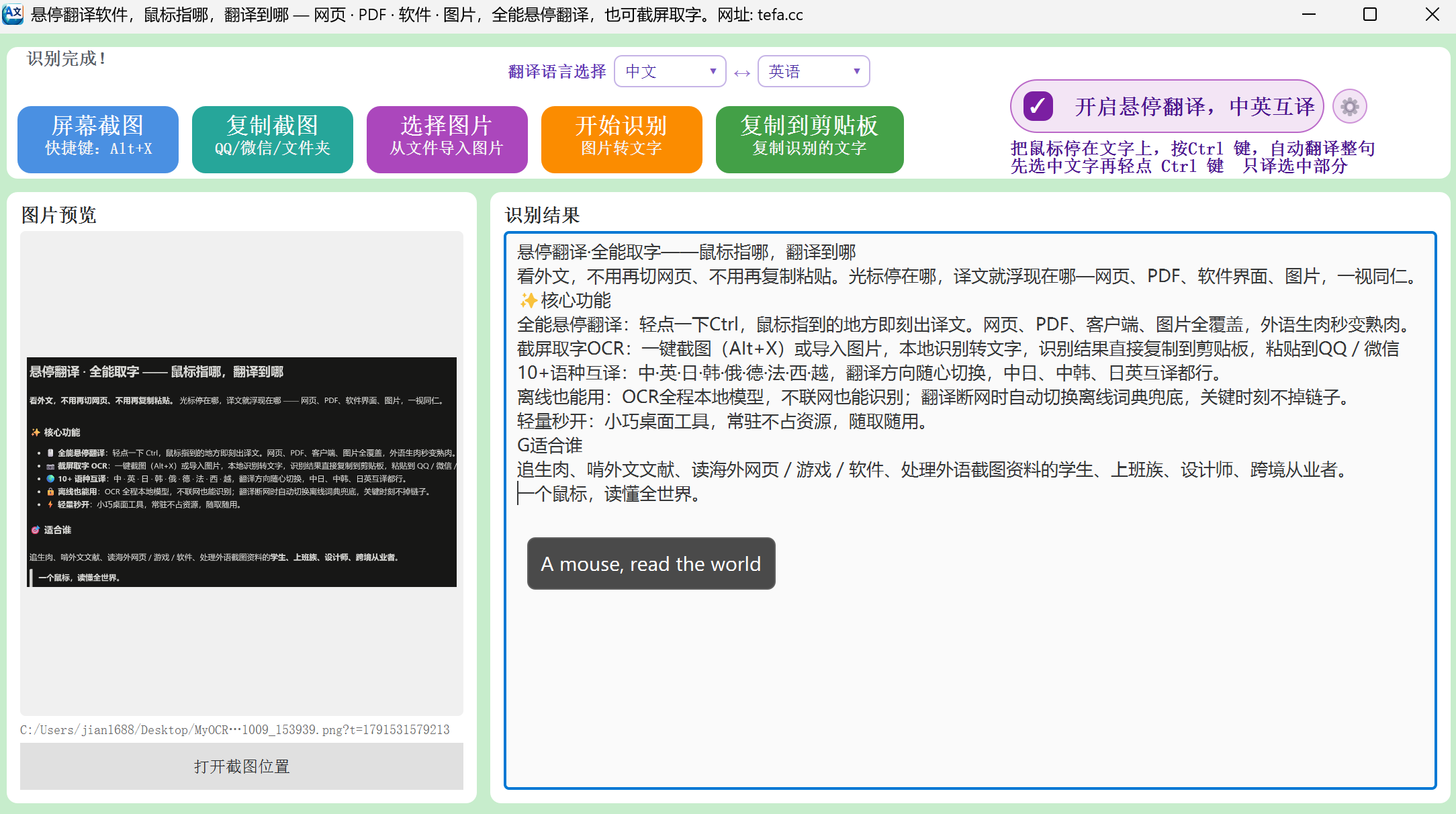 点译通悬停翻译 AI翻译 划词即译 鼠标悬停翻译 OCR截图翻译 Windows 7/10/11